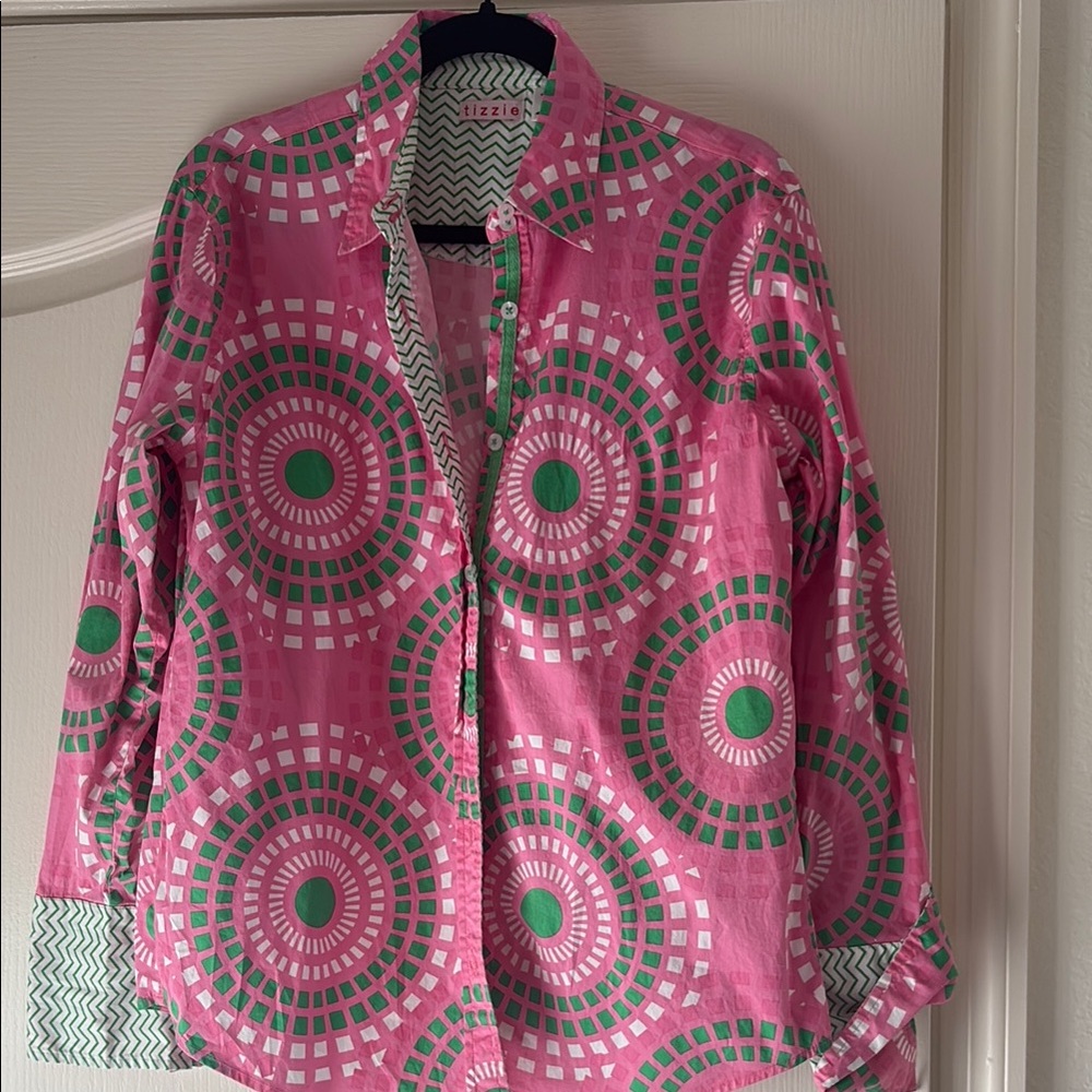 Tizzie Modern Abstract Pink and Green Button Down Collard Shirt